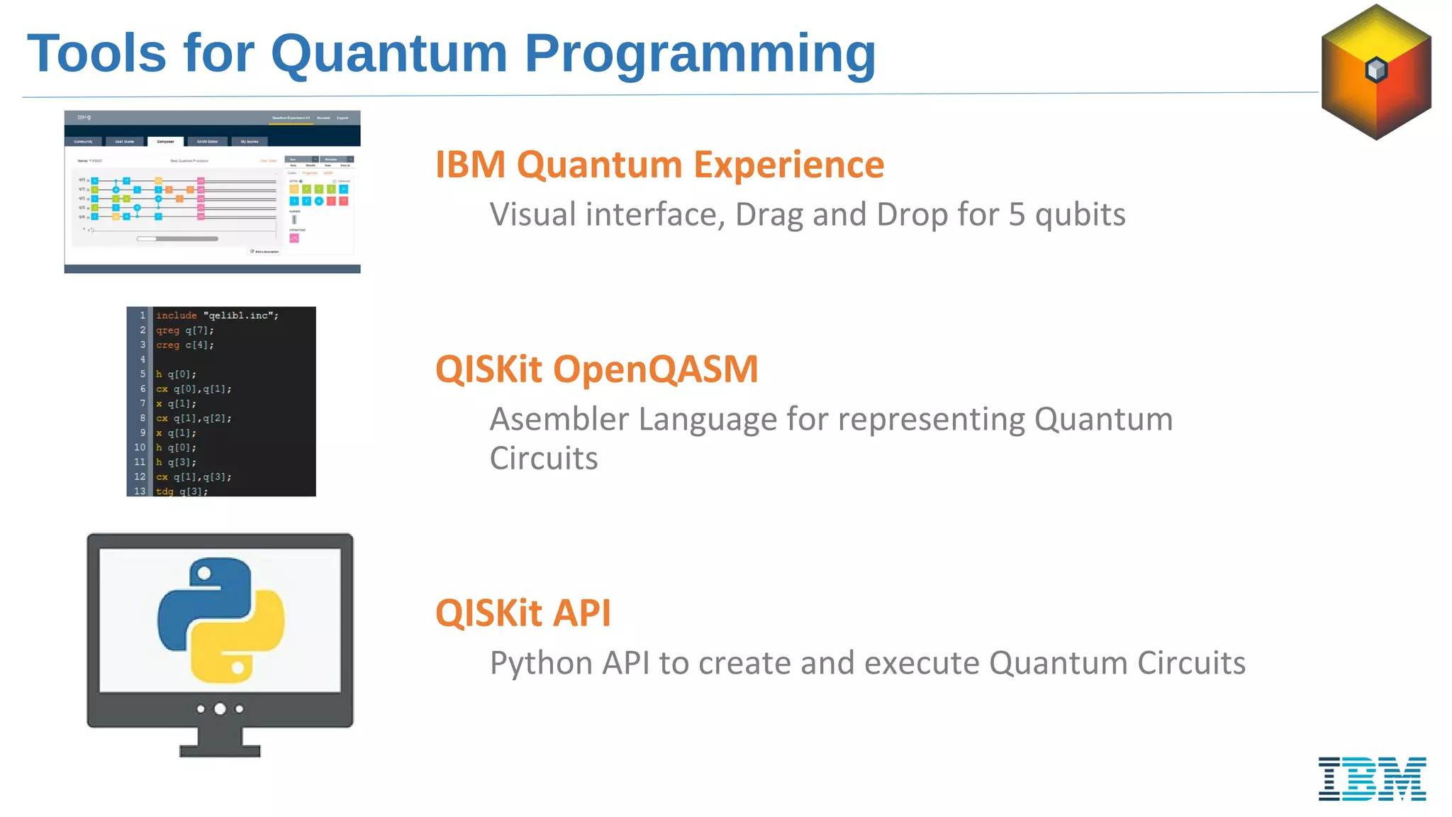 Tools for Quantum Programming
IBM Quantum Experience
Visual interface, Drag and Drop for 5 qubits
QISKit OpenQASM
Asembler Language for representing Quantum
Circuits
QISKit API
Python API to create and execute Quantum Circuits
 