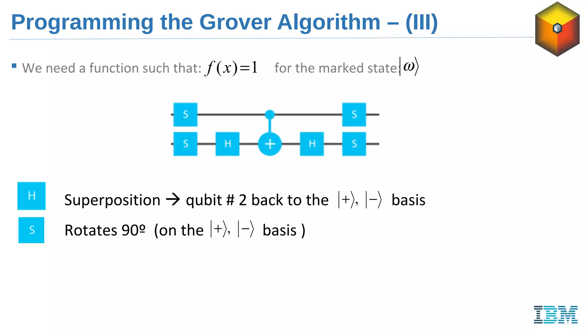 Programming the Grover Algorithm – (III)
 We need a function such that: for the marked state:1)( =xf ω
Superposition  qubit # 2 back to the basis
Rotates 90º (on the basis )
−+ ,
−+ ,
 
