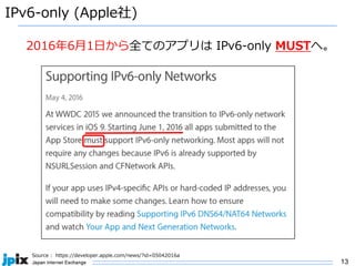 13
IPv6-only (Apple社)
Source : https://developer.apple.com/news/?id=05042016a
2016年6⽉1⽇から全てのアプリは IPv6-only MUSTへ。
 