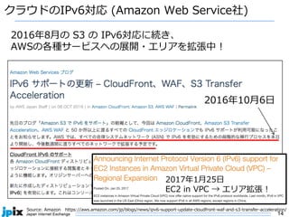 14
クラウドのIPv6対応 (Amazon Web Service社)
Source: Amazon https://aws.amazon.com/jp/blogs/news/ipv6-support-update-cloudfront-waf-and-s3-transfer-acceleration/
2016年8⽉の S3 の IPv6対応に続き、
AWSの各種サービスへの展開・エリアを拡張中 !
2016年10⽉6⽇
2017年1⽉25⽇
EC2 in VPC → エリア拡張 !
 