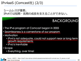 33
IPv4aaS (Comcast社) (2/3)
Source : RIPE72 https://ripe72.ripe.net/wp-content/uploads/presentations/63-comcast.ripe_72_plenary.v4.pdf
シームレスが重要。
IPv4では短期・⻑期の成⻑を⽀えることができない。
 