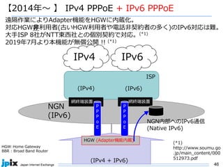 46
NGN
(IPv6)
【2014年〜 】 IPv4 PPPoE + IPv6 PPPoE
IPv6
遠隔作業によりAdapter機能をHGWに内蔵化。
対応HGW⾮利⽤者(古いHGW利⽤者や電話⾮契約者の多く)のIPv6対応は難。
⼤⼿ISP 8社がNTT東⻄社との個別契約で対応。(*1)
2019年7⽉より本機能が無償公開 !! (*1)
HGW: Home Gateway
BBR : Broad Band Router
HGW
(IPv4 + IPv6)
ISP
IPv4
網終端装置
(IPv6)
HGW (Adapter機能内蔵)
NGN内部へのIPv6通信
(Native IPv6)
P
P
P
o
E
網終端装置
(IPv4)
P
P
P
o
E
(*1)
http://www.soumu.go
.jp/main_content/000
512973.pdf
 