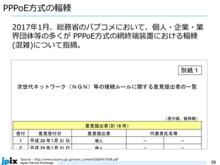 58
PPPoE⽅式の輻輳
Source : http://www.soumu.go.jp/main_content/000467068.pdf
2017年1⽉、総務省のパブコメにおいて、個⼈・企業・業
界団体等の多くが PPPoE⽅式の網終端装置における輻輳
(混雑)について指摘。
 