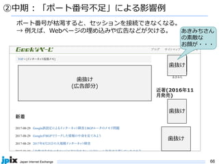 66
②中期 : 「ポート番号不⾜」による影響例
ポート番号が枯渇すると、セッションを接続できなくなる。
→ 例えば、Webページの埋め込みや広告などが⽋ける。
⻭抜け
(広告部分)
⻭抜け
あきみちさん
の素敵な
お顔が・・・
⻭抜け
⻭抜け
 