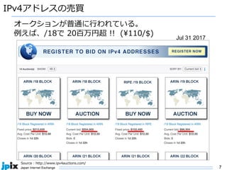 7
IPv4アドレスの売買
オークションが普通に⾏われている。
例えば、/18で 20百万円超 !! (¥110/$)
Source : http://www.ipv4auctions.com/
Jul 31 2017
 