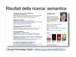 Risultati della ricerca: semantica
34
Search engine
→ Answer engine
• Google Knowledge Graph - https://youtu.be/mmQl6VGvX-c
 