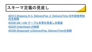 スキーマ定義の見直し
#2513 Shipping から DeliveryFee と DeliveryTime の外部参照制
約を削除
#2526 dtb / mtb テーブル名等の見直しの実装
#2529 OrderDetail の削除
#2539 ShippingからDeliveryFee, DeliveryTimeを削除
 