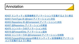 Annotation
#2427 エンティティ拡張機構をアノテーションで定義するように修正
#2451 FormType の @Inject アノテーションに対応
#2453 Repository の @Component アノテーションに対応
#2457 @Repository アノテーションの実装
#2470 コントローラのアノテーション対応
#2519 @ForwardOnly アノテーション追加
#2532 コントローラの @Component アノテーションを削除
#2535 ForwardOnlyListenerの修正エンティティ拡張機構をアノテーシ
ョンで定義するように修正
 