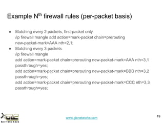 www.glcnetworks.com
Example Nth
firewall rules (per-packet basis)
● Matching every 2 packets, first-packet only
/ip firewall mangle add action=mark-packet chain=prerouting
new-packet-mark=AAA nth=2,1;
● Matching every 3 packets
/ip firewall mangle
add action=mark-packet chain=prerouting new-packet-mark=AAA nth=3,1
passthrough=yes;
add action=mark-packet chain=prerouting new-packet-mark=BBB nth=3,2
passthrough=yes;
add action=mark-packet chain=prerouting new-packet-mark=CCC nth=3,3
passthrough=yes;
19
 