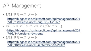 https://blogs.msdn.microsoft.com/apimanagement/201
7/08/23/release-notes-august-23-2017/
https://blogs.msdn.microsoft.com/apimanagement/201
7/09/14/versions-revisions/
https://blogs.msdn.microsoft.com/apimanagement/201
7/09/18/release-notes-september-18-2017/
 
