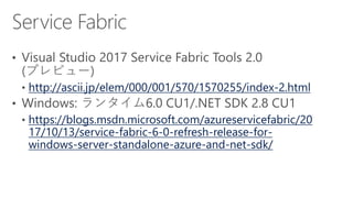 http://ascii.jp/elem/000/001/570/1570255/index-2.html
https://blogs.msdn.microsoft.com/azureservicefabric/20
17/10/13/service-fabric-6-0-refresh-release-for-
windows-server-standalone-azure-and-net-sdk/
 