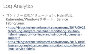 https://blogs.technet.microsoft.com/msoms/2017/09/26
/azure-log-analytics-container-monitoring-solution-
helm-integration-for-linux-and-windows-kubernetes-
support/
https://blogs.technet.microsoft.com/msoms/2017/10/05
/azure-log-analytics-container-monitoring-solution-for-
linux-service-fabric/
 