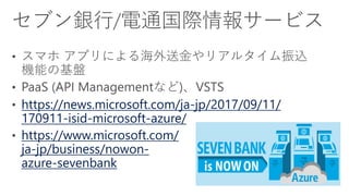https://news.microsoft.com/ja-jp/2017/09/11/
170911-isid-microsoft-azure/
https://www.microsoft.com/
ja-jp/business/nowon-
azure-sevenbank
 