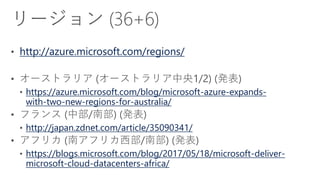 http://azure.microsoft.com/regions/
https://azure.microsoft.com/blog/microsoft-azure-expands-
with-two-new-regions-for-australia/
http://japan.zdnet.com/article/35090341/
https://blogs.microsoft.com/blog/2017/05/18/microsoft-deliver-
microsoft-cloud-datacenters-africa/
 