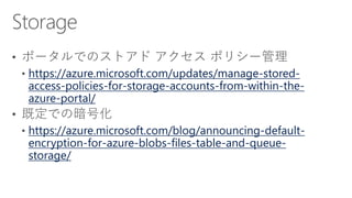 https://azure.microsoft.com/updates/manage-stored-
access-policies-for-storage-accounts-from-within-the-
azure-portal/
https://azure.microsoft.com/blog/announcing-default-
encryption-for-azure-blobs-files-table-and-queue-
storage/
 