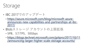 https://azure.microsoft.com/blog/microsoft-azure-
announces-new-capabilities-and-partnerships-at-ibc-
2017/
https://blogs.technet.microsoft.com/jpitpro/2017/10/11
/announcing-larger-higher-scale-storage-accounts/
 
