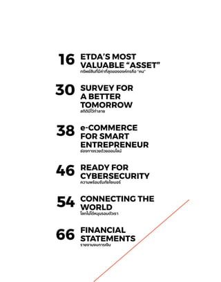 ETDA’S MOST
VALUABLE “ASSET”
ทรัพย์สินที่มีค่าที่สุดขององค์กรคือ “คน”
SURVEY FOR
A BETTER
TOMORROW
สถิติมีไว้ทำ�ลาย
e-COMMERCE
FOR SMART
ENTREPRENEUR
ช่องทางรวยด้วยออนไลน์
READY FOR
CYBERSECURITY
ความพร้อมรับภัยไซเบอร์
CONNECTING THE
WORLD
โลกไม่ได้หมุนรอบตัวเรา
FINANCIAL
STATEMENTS
รายงานงบการเงิน
30
16
38
46
54
66
 