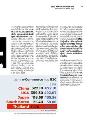 t
จากการที่อีคอมเมิร์ซกำ�ลังมี
การเติบโตในกลุ่ม B2C โดยใน
ปี 2558 จีน, สหรัฐอเมริกา,
ญี่ปุ่น และเกาหลีใต้ ต่างมี
มูลค่าเพิ่มขึ้นจากปี 2557
คิดเป็น 108.63%, 36.95%,
14.29% และ 52.99% ตาม
ลำ�ดับ ซึ่งหากพิจารณา
ช่องทางการเข้าสู่อีคอมเมิร์ซ
ผ่านอุปกรณ์เคลื่อนที่ หรือ
Mobile Device ซึ่งทั่วโลก
มีถึง 73.4% และเมื่อมองใน
กลุ่มของการจ่ายเงินผ่าน
Mobile Payment ผ่านระบบ
PayPal พบว่าตั้งแต่ปี 2551-
2557 มีอัตราการเติบโตเพิ่ม
ขึ้นทุกปี โดยในปี 2557 มี
มูลค่าทั้งสิ้น 46,000 ล้าน
ดอลลาร์สหรัฐ หรือเพิ่มขึ้น
68% จากปี 2556
ในขณะที่ประเทศไทยมีโอกาส
เติบโตอย่างต่อเนื่อง จาก
พฤติกรรมการใช้โทรศัพท์
เคลื่อนที่ที่มีมากกว่า 91.88
ล้านเลขหมาย (ไตรมาสที่ 2
ของปี 2559) ในปี 2558 มีการ
ใช้โซเชียลมีเดีย เช่น Facebook
ถึง 46 ล้านคน ใช้ Line มากถึง
41 ล้านคน สถิติเหล่านี้สะท้อน
ถึงมูลค่าทางเศรษฐกิจที่ไทย
สามารถพัฒนาไปได้อีกมาก
หากนำ�เอาไอซีทีมาใช้ให้เกิด
ประโยชน์มากขึ้น โดยเฉพาะใน
กลุ่ม SMEs ที่มีอยู่เป็นจำ�นวน
มากเกือบ 3 ล้านรายทั่วประเทศ
การพัฒนาอีคอมเมิร์ซจึงถือ
ได้ว่าเป็นรากฐานสำ�คัญที่จะ
ทำ�ให้ระบบธุรกิจของประเทศ
สามารถก้าวทัดเทียมและมี
ศักยภาพในการแข่งขันกับ
นานาประเทศในยุคดิจิทัลETDA
จึงมุ่งพัฒนาอีคอมเมิร์ซให้
เข้มแข็งในองค์รวม ทั้งระบบ
หน้าบ้านและหลังบ้าน เพิ่ม
ศักยภาพและความเข้าใจใน
การทำ�ธุรกิจของผู้ซื้อและ
ผู้ขาย ตลอดจนคนในสังคม
ออนไลน์
ภายใต้ยุทธศาสตร์ในการ
ส่งเสริมธุรกรรมออนไลน์
เพื่อสร้างขีดความสามารถ
ในการแข่งขัน และสร้าง
โอกาสในการเข้าสู่ตลาดโลก
ให้แก่ผู้ประกอบการ ETDA
จึงได้ผลักดันมาตรการและ
แนวทางที่จะช่วยให้เกิดความ
สะดวกและสร้างโอกาสในการ
ทำ�ธุรกรรมออนไลน์มากขึ้น
ผ่านการดำ�เนินงานต่าง ๆ
ที่มา: รายงานผลการสำ�รวจมูลค่าพาณิชย์อิเล็กทรอนิกส์ในประเทศไทย ปี 2559 โดย ETDA
672.01
492.07
135.54
38.86
2558
322.10
359.30
118.59
25.40
2557
China
USA
Japan
South Korea
มูลค่า e-Commerce แบบ B2C
Thailand 15.6911.70
หน่วย : พันล้านเหรียญสหรัฐ
	 ETDA ANNUAL REPORT 2016	 39
	 รายงานประจำ�ปี สพธอ. 2559	
 