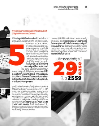 การดำ�เนินงานของศูนย์ดิจิทัลฟอเรนสิกส์
(Digital Forensics Center)
ETDA มีศูนย์ดิจิทัลฟอเรนสิกส์ ทำ�หน้าที่ตรวจ
พิสูจน์พยานหลักฐานดิจิทัล และออกรายงาน
ผลการตรวจวิเคราะห์ตาม
คำ�ร้องขอของหน่วยงาน
รักษากฎหมาย รวมทั้งให้
คำ�ปรึกษาและคำ�แนะนำ�ทาง
วิชาการแก่เจ้าหน้าที่ซึ่งอาจ
จะไม่คุ้นเคยกับเทคโนโลยีและ
พยานหลักฐานดิจิทัลสมัย
ใหม่ที่มีรูปแบบต่าง ๆ กัน
โดยในปี 2559 ได้ให้บริการ
ตรวจพิสูจน์จำ�นวน 29 กรณี
โดย 83% ของทั้งหมดเป็นการนำ�
ผลตรวจพิสูจน์ไปใช้ในเชิงกฎหมาย กรณีที่ได้
ตรวจวิเคราะห์มากที่สุดคือ การตรวจสอบ
ประวัติการใช้งานเครื่องคอมพิวเตอร์และ
อุปกรณ์สื่อสารที่ต้องสงสัยว่าเกี่ยวข้องกับ
การก่อเหตุอาชญากรรม
ศูนย์ดิจิทัลฟอเรนสิกส์ได้มุ่งพัฒนาบุคลากร
ให้มีความเชี่ยวชาญและใช้เวลากว่า 1 ปีที่
ผ่านมาปรับปรุงกระบวนการ วิธีปฏิบัติ และ
ระบบการบริหารจัดการคุณภาพ (Quality
Management System: QMS) ให้เป็นระบบ ตาม
หลักการตรวจพิสูจน์พยานหลักฐานดิจิทัล และ
สอดคล้องกับมาตรฐาน มอก.17025-2548
(ISO17025:2005) ซึ่งเป็นข้อกำ�หนดทั่วไป
ว่าด้วยความสามารถของห้องปฏิบัติการทดสอบ
และห้องปฏิบัติการสอบเทียบ
นอกจากนี้ยังได้ร่วมมือกับหน่วยงานภาครัฐ
และเอกชน จัดทำ�ข้อเสนอแนะมาตรฐานการ
จัดการอุปกรณ์ดิจิทัลในการตรวจพิสูจน์
พยานหลักฐาน ซึ่งร่างเอกสารนี้ได้ผ่านการ
เวียนสอบถามความคิดเห็นของหน่วยงานที่
เกี่ยวข้องเรียบร้อย พร้อมทั้งมีการประกาศ
เผยแพร่แล้วในปี 2559
29
บริการตรวจพิสูจน์
2559ในปี case
	 ETDA ANNUAL REPORT 2016	 53
	 รายงานประจำ�ปี สพธอ. 2559	
 