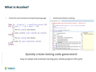 ©Copyright2017Obeo
What is Acceleo?
Powerful and standard templating language Dedicated edition tooling
Quickly create lasting code generators!
Easy to adapt and maintain during your whole project’s life-cycle
 