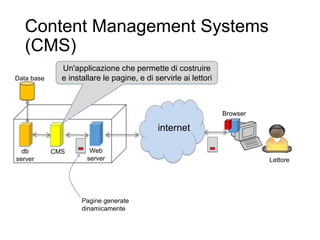Content Management Systems
(CMS)
15
HTTP
internet
Browser
Web
server
Pagine generate
dinamicamente
CMSdb
server
Data base
Lettore
Un'applicazione che permette di costruire
e installare le pagine, e di servirle ai lettori
 