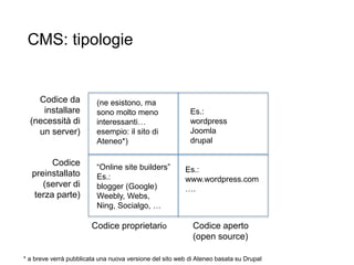 CMS: tipologie
19
Codice proprietario Codice aperto
(open source)
Codice
preinstallato
(server di
terza parte)
Codice da
installare
(necessità di
un server)
“Online site builders”
Es.:
blogger (Google)
Weebly, Webs,
Ning, Socialgo, …
Es.:
www.wordpress.com
….
Es.:
wordpress
Joomla
drupal
(ne esistono, ma
sono molto meno
interessanti…
esempio: il sito di
Ateneo*)
* a breve verrà pubblicata una nuova versione del sito web di Ateneo basata su Drupal
 