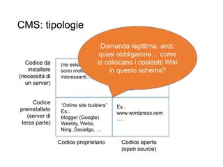 CMS: tipologie
20
Codice proprietario Codice aperto
(open source)
Codice
preinstallato
(server di
terza parte)
Codice da
installare
(necessità di
un server)
“Online site builders”
Es.:
blogger (Google)
Weebly, Webs,
Ning, Socialgo, …
Es.:
www.wordpress.com
….
Es.:
wordpress
Joomla
drupal
(ne esistono, ma
sono molto meno
interessanti…)
Domanda legittima, anzi,
quasi obbligatoria… come
si collocano i cosidetti Wiki
in questo schema?
 