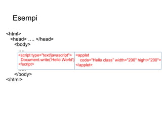 Esempi
<html>
<head> …. </head>
<body>
….
<script type="text/javascript">
Document.write('Hello World')
</script>
…..
</body>
</html>
7
<applet
code="Hello class” width="200" hight="200">
</applet>
 
