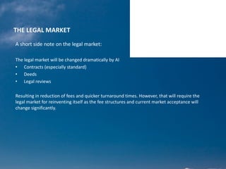 THE LEGAL MARKET
A short side note on the legal market:
The legal market will be changed dramatically by AI
• Contracts (especially standard)
• Deeds
• Legal reviews
Resulting in reduction of fees and quicker turnaround times. However, that will require the
legal market for reinventing itself as the fee structures and current market acceptance will
change significantly.
 