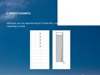 A SIMPLE EXAMPLE
Although you are experiencing AT in daily life, a very basis principle of learning and
repeating in Excel:
 