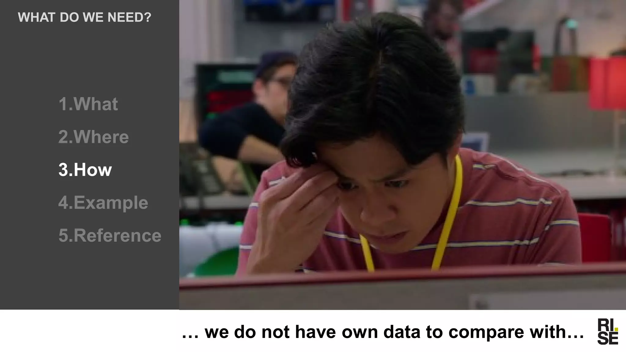 1.What
2.Where
3.How
4.Example
5.Reference
WHAT DO WE NEED?
… we do not have own data to compare with…
 
