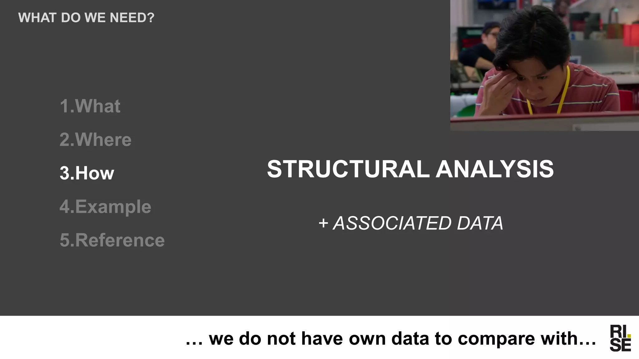 1.What
2.Where
3.How
4.Example
5.Reference
WHAT DO WE NEED?
… we do not have own data to compare with…
STRUCTURAL ANALYSIS
+ ASSOCIATED DATA
 