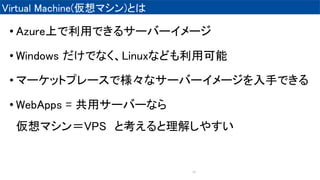 Virtual Machine(ޥ)Ȥ
33
? AzureϤäǤ륵`Щ``
? Windows ǤʤLinuxʤɤÿ
? ީ`åȥץ`ǘʥ`Щ``֤Ǥ
? WebApps = å`Щ`ʤ
ޥVPS ȿ⤷䤹
 