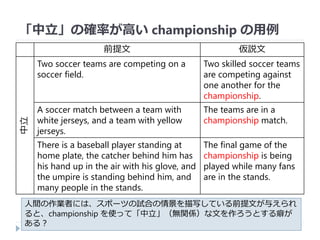 「中立」の確率が高い championship の用例
24
前提文 仮説文
中立
Two soccer teams are competing on a
soccer field.
Two skilled soccer teams
are competing against
one another for the
championship.
A soccer match between a team with
white jerseys, and a team with yellow
jerseys.
The teams are in a
championship match.
There is a baseball player standing at
home plate, the catcher behind him has
his hand up in the air with his glove, and
the umpire is standing behind him, and
many people in the stands.
The final game of the
championship is being
played while many fans
are in the stands.
人間の作業者には、スポーツの試合の情景を描写している前提文が与えられ
ると、championship を使って「中立」（無関係）な文を作ろうとする癖が
ある？
 
