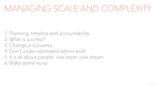MANAGING SCALE AND COMPLEXITY
1. Planning, timeline and accountability
2. What is success?
3. Change is a journey
4. Don’t under-estimated admin work
5. It is all about people: one team, one dream
6. Make some noise
 