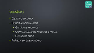 SUMÁRIO
• OBJETIVO DA AULA
• PRINCIPAIS COMANDOS
• GESTÃO DE ARQUIVOS
• COMPACTAÇÃO DE ARQUIVOS E PASTAS
• GESTÃO DE DISCO
• PRÁTICA EM LABORATÓRIO
 