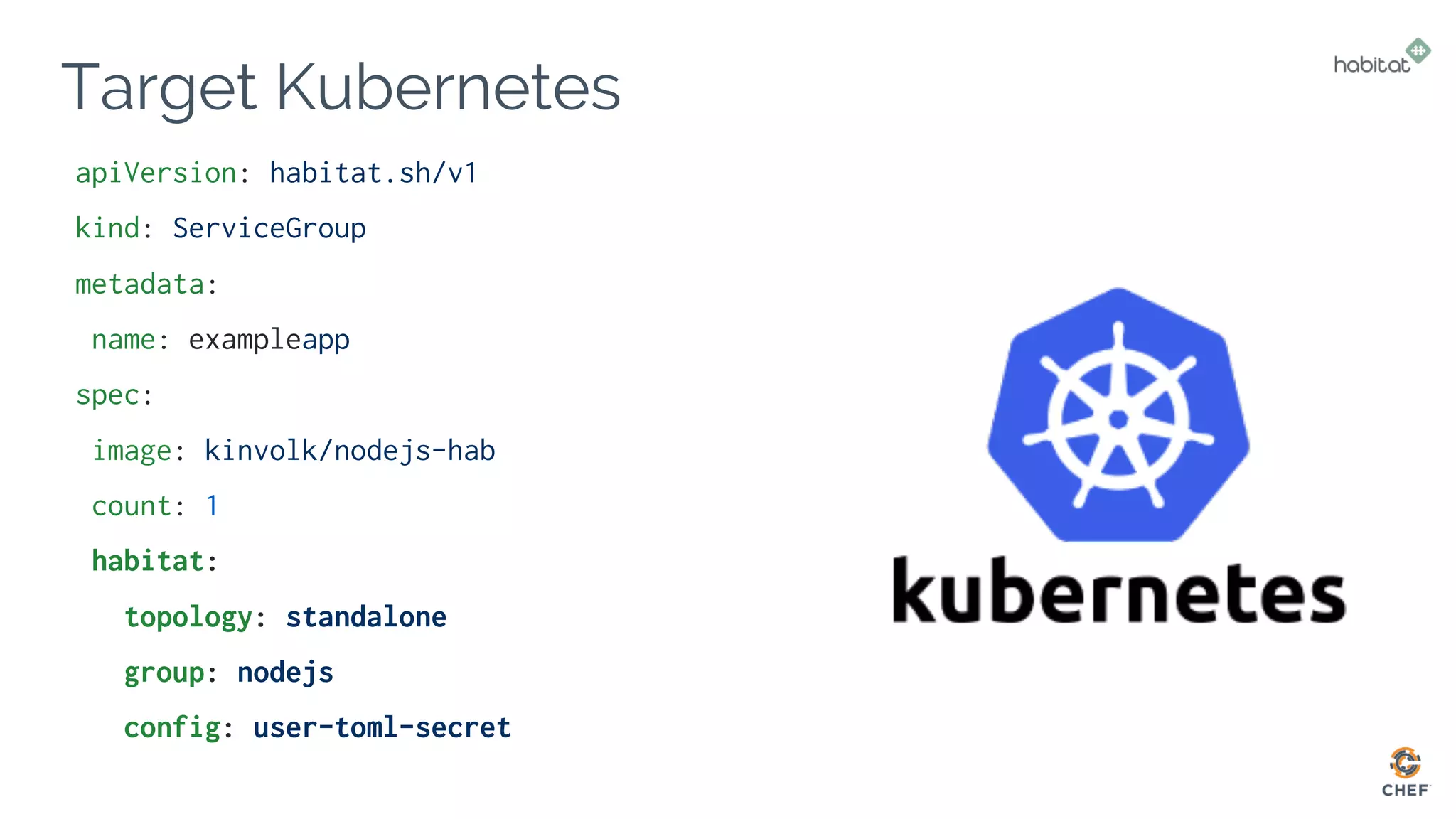 Target Kubernetes
apiVersion: habitat.sh/v1
kind: ServiceGroup
metadata:
name: exampleapp
spec:
image: kinvolk/nodejs-hab
count: 1
habitat:
topology: standalone
group: nodejs
config: user-toml-secret
 
