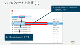 S3 のバケットを削除 (1)
1. 先ほど作成したバケットの
⾏をクリック
2. 「Delete bucket」を押す
 
