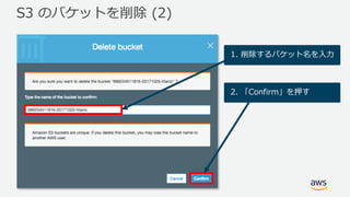 S3 のバケットを削除 (2)
1. 削除するバケット名を⼊⼒
2. 「Confirm」を押す
 