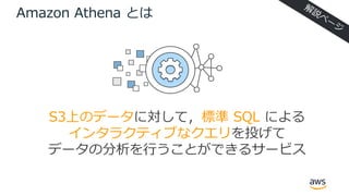 Amazon Athena とは
S3上のデータに対して，標準 SQL による
インタラクティブなクエリを投げて
データの分析を⾏うことができるサービス
 
