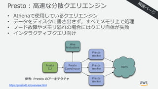 Presto : ⾼速な分散クエリエンジン
• Athenaで使⽤しているクエリエンジン
• データをディスクに書き出さず，すべてメモリ上で処理
• ノード故障やメモリ溢れの場合にはクエリ⾃体が失敗
• インタラクティブクエリ向け
https://prestodb.io/overview.html
参考: Presto のアーキテクチャ
 