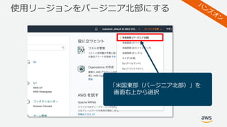 使⽤リージョンをバージニア北部にする
「⽶国東部（バージニア北部）」を
画⾯右上から選択
 