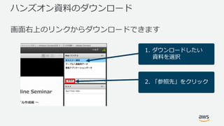 ハンズオン資料のダウンロード
画⾯右上のリンクからダウンロードできます
1. ダウンロードしたい
資料を選択
2. 「参照先」をクリック
 