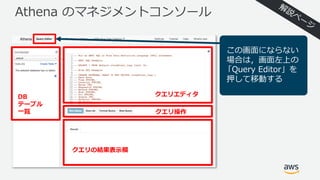 Athena のマネジメントコンソール
DB
テーブル
⼀覧
クエリの結果表⽰欄
クエリエディタ
クエリ操作
この画⾯にならない
場合は，画⾯左上の
「Query Editor」を
押して移動する
 