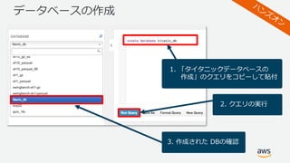 データベースの作成
1. 「タイタニックデータベースの
作成」のクエリをコピーして貼付
2. クエリの実⾏
3. 作成された DBの確認
 