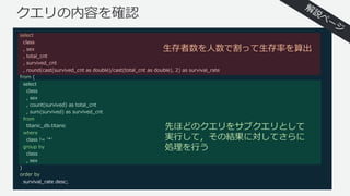 クエリの内容を確認
select
class
, sex
, total_cnt
, survived_cnt
, round(cast(survived_cnt as double)/cast(total_cnt as double), 2) as survival_rate
from (
select
class
, sex
, count(survived) as total_cnt
, sum(survived) as survived_cnt
from
titanic_db.titanic
where
class != '*ʼ
group by
class
, sex
)
order by
survival_rate desc;
⽣存者数を⼈数で割って⽣存率を算出
先ほどのクエリをサブクエリとして
実⾏して，その結果に対してさらに
処理を⾏う
 