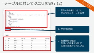 テーブルに対してクエリを実⾏ (2)
1. 「データの集計 2」の
クエリをコピーして貼付
2. クエリの実⾏
3. 集計結果を確認
先ほどの結果に加えて
⽣存率が集計されている
 