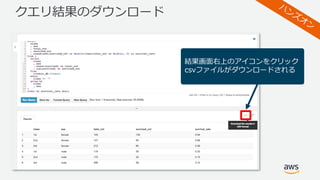 クエリ結果のダウンロード
結果画⾯右上のアイコンをクリック
csvファイルがダウンロードされる
 