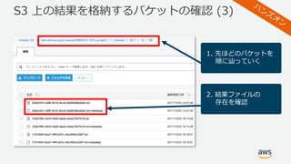 S3 上の結果を格納するバケットの確認 (3)
1. 先ほどのバケットを
順に辿っていく
2. 結果ファイルの
存在を確認
 