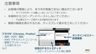 注意事項
• お客様の環境により、本ラボが実施できない場合がございます
• すべてのサポートは難しい点についてご了承ください
• 本資料からコピーアンドペーストしないでください
• 不必要なスペース等が⼊る可能性があります
• 複数の画⾯を表⽰するため、ディスプレイ表⽰を⼯夫してください
オンラインセミナー
配信画⾯
ブラウザ（Chrome, Firefox）
・資料（PDF）閲覧
・AWS マネジメントコンソール
・簡易アプリケーション
・⼊⼒⽤テキスト
など 任意のテキストエディタ
・コピーアンドペースト⽤に使⽤
 